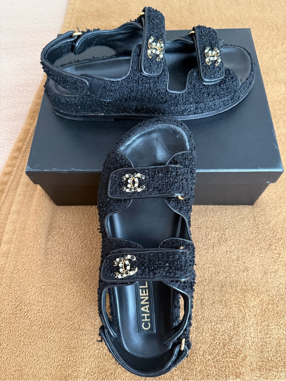 CHANEL Black Tweed Gold-Embellished Velcro Sandals w/ jeweled cc logo SZ 39.5